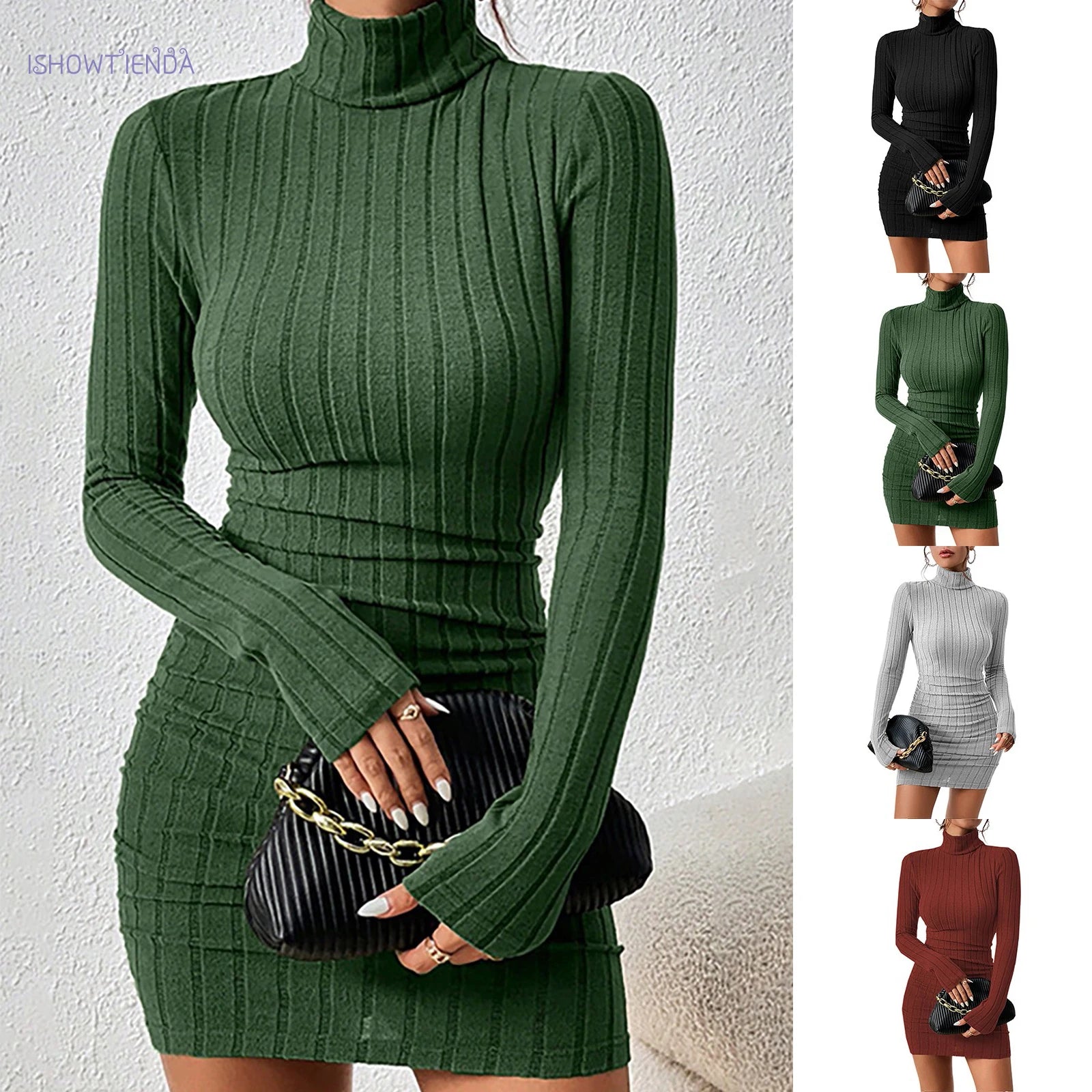 Women's ribbed knit turtleneck mini dress with long sleeves, bodycon fit - green