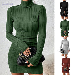 Women's ribbed knit turtleneck mini dress with long sleeves, bodycon fit - green