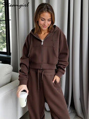 Brown Fleece Sweatsuit Set Women 2 Piece Crop Zip Hoodie Wide Leg Sweatpants Autumn Winter Loungewear