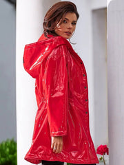 Trench Coat Women Patent Leather Hooded Loose PVC Long Button Plus Size Long Sleeve Outerwear Fashion