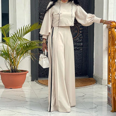 Women's 2-Piece Pant Set O-Neck Long Sleeve Irregular Top And Long Wide Leg Flare Pants Trousers Matching Suits