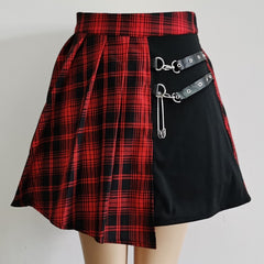High Waist Mini Skirt Women Punk Irregular Pleated Asymmetric Cutout Gothic Plaid Fashion Skirt