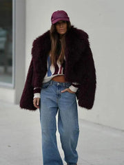 Faux Fur Coat Women Fluffy Loose Fit Long Sleeve Lapel Collar Winter Warm Plush Jacket Fuzzy