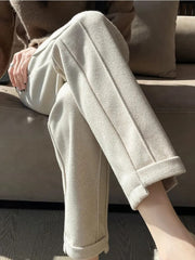 Tweed Straight Pants Women Academia Herringbone Warm Thick Cropped Casual Chic Fashion Trousers