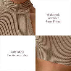 Crop Top Women Ribbed Knit Sleeveless Slim Fitted Halter Turtleneck Vest Y2K High Neck Casual