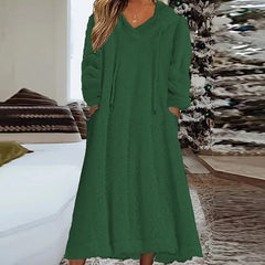 Warm Hooded Sweatshirt Loose Dress for Women Fleece Long Sleeve Pullover A-Line Dress
