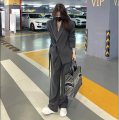 Pant Suit Women 2-Piece Elegant Blazer Wide Leg Trousers Pockets Spring Autumn Office Wear