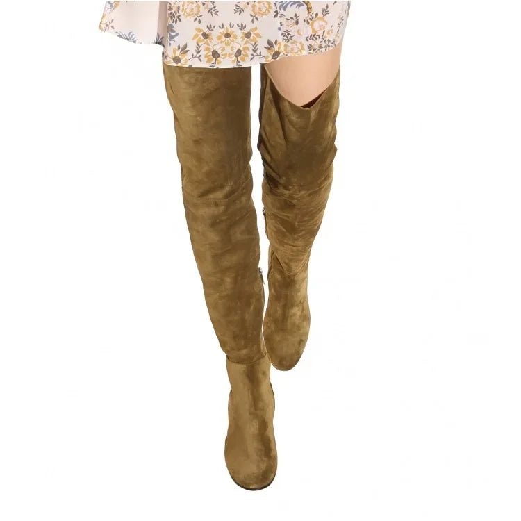 Brown suede over-the-knee boots on a white background