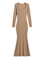 Square Collar Knitted Mermaid Maxi Dress Women Cotton Long Elegant Casual Winter Fashion