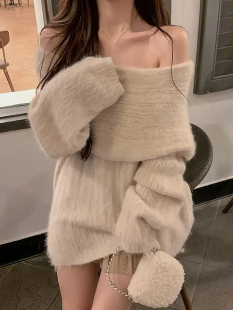 Off Shoulder Sweater Women White Red Khaki Knitted Long Sleeve Y2K Elegant Pullover Casual Fashion