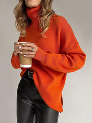 Side Split Warm Turtleneck Sweater For Women Oversized Soft Winter Pullover Turtleneck Sweater