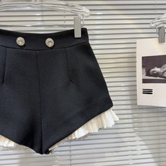 Shorts Women Rhinestone Metal Button Ruched Ruffle Black Casual Fashion Party Summer
