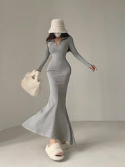 Long Sleeve Rib Knitted Fishtail Maxi Dress Women Tight Slim Zipper Elegant Fashion Dress