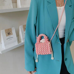 Crossbody Bag Women Retro Pearl Mini Hand Woven Beaded Versatile Shoulder Handbag Purse