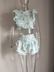 Women's Floral Patchwork Two Piece Set Cropped Top w/ Ruffle and Ruffled Mini Shorts Skirt