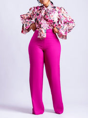 African Print Blouse & High Waist Pant Set Women 2-Piece Long Sleeve Elegant Casual Fashion
