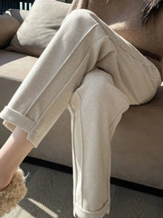 Tweed Straight Pants Women Academia Herringbone Warm Thick Cropped Casual Chic Fashion Trousers