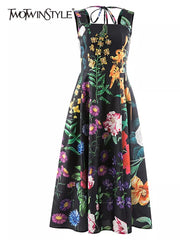 Midi Dress Women Loose Square Collar Sleeveless Floral Print Casual Elegant Summer Fashion Dress