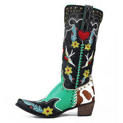Cowboy Boots Women Faux Leather Mid-Calf Retro Embroidered Slip-On Chunky Heel Fashion Shoes