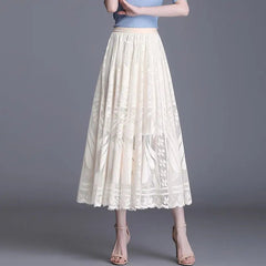 Midi Skirt Women Chic Lace A-Line Long Big Swing Hollow Out Pleated Gauze Elegant Party Skirt