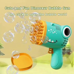 Dinosaur-themed bubble gun with bubbles on a yellow background