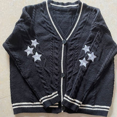 Star Printed Knitted Cardigan Women V-Neck Long Sleeve Casual Elegant Winter Fashion Sweater