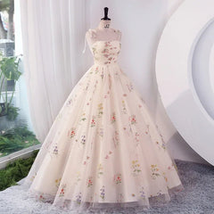 Pink Floral Embroidered Ball Gown Prom Dress Long Lace-Up Back Formal Wedding Guest Evening Gown