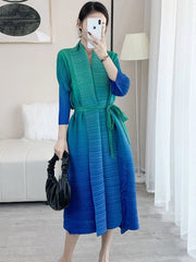 Midi Dress Women Gradient Color Pleated Open Stitch Belt Elegant Party Cocktail Fashion Dress