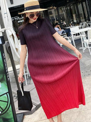 Pleated A-Line Maxi Dress Women O-Neck Elegant Cocktail Party Casual Fashion Dress