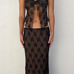 Off Shoulder Skirt Set Women 2-Piece Strapless Tube Top Sheer Low Waist Long Skirt Fashion