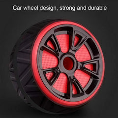 Red and black car wheel design on a dark background with text 'Car wheel design, strong and durable'.