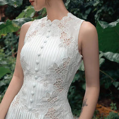 Midi Dress Women Flower Embroidered White Lace Sleeveless Pleated Chiffon Wedding Party Prom Summer