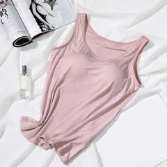 Tank Top Women Solid Color O-Neck Sleeveless Wire-Free Elastic Camisole Bra Pads Casual Fitness Vest