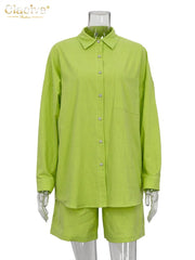 High Waist Shorts & Blouse Set Women Elegant Loose Long Sleeve 2-Piece Casual Fashion Suit