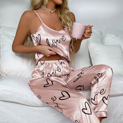 Satin Pajama Set Women Cami Sleeveless Top Trousers Nightwear Casual Loungewear Fashion