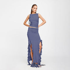 Ruffled Crop Tank Top & Maxi Skirt Set Women 2-Piece Casual Elegant Summer Fashion Outfit