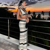 Summer Knitted Beach Skirt Set Women's Sexy Backless Slim Bohemian Outfit Boutique Fashion Striped Two Piece Set