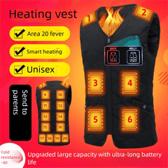 Heating vest with digital display and heating elements on a red background