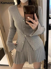 Skirt Set Women Elegant Pleated 2-Piece Slim Button Knitted Cardigan High Waist Mini Skirt Fashion