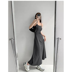 Maxi Dress Women Grey Spaghetti Strap Sleeveless Simple Elegant Temperament Long Casual Fashion