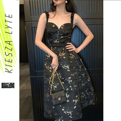 Floral Midi Dress Women Black Sleeveless V-Neck Elegant Party Casual Fashion Dress