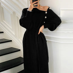 Turtleneck Knit Midi Dress Women Elegant Full Sleeve Button Decoration Warm Winter Fashion Dress