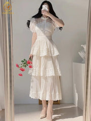 Maxi Dress Women Vintage Puff Short Sleeve O-Neck Beige Elegant Lace Long Coattail Party Summer Dress