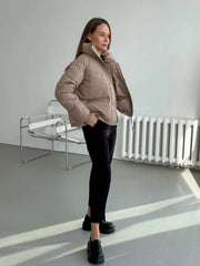 Puffer Jacket Women Cropped Casual Zipper Thick Padded Down Winter Coat Outerwear Fashion
