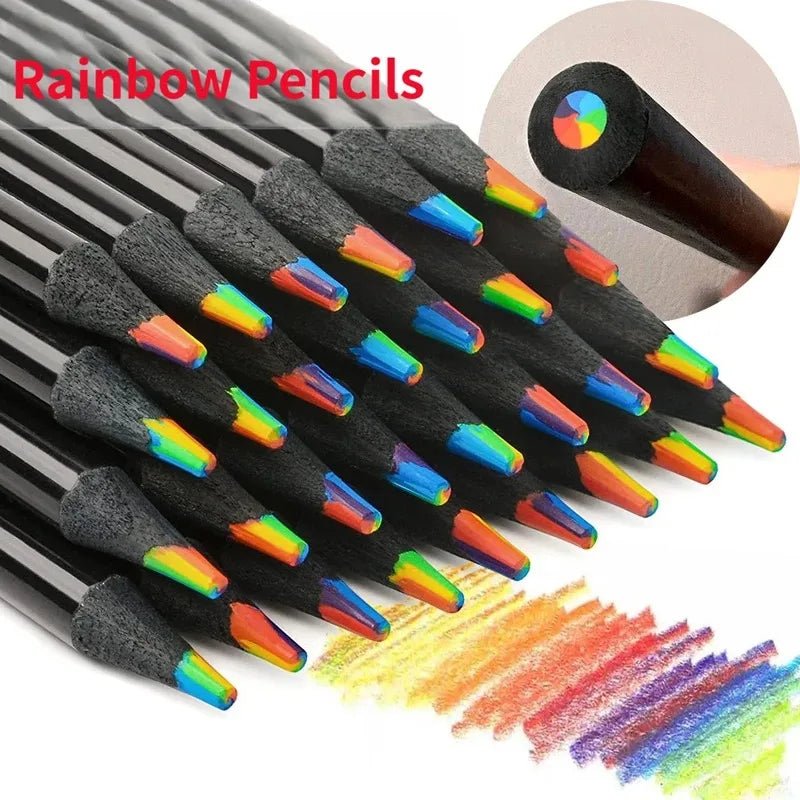 Set of rainbow-colored pencils with a color wheel inset, on a white background.