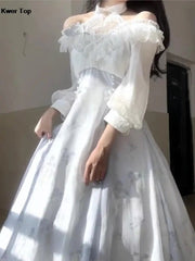 Midi Dress Women French Elegant Vintage Floral Print Slim A-Line Party Dress