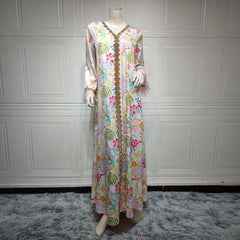 Rhinestone Beaded Maxi Dress Women V-Neck Long Sleeve Feather Patchwork Printed Elegant Fashion
