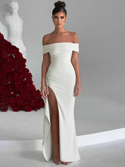 Maxi Dress Women Off-Shoulder Ruffled Thigh High Split Slash Neck Backless Bodycon Elegant Evening Party