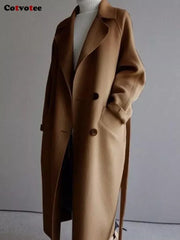 Wool Blend Coat Women Chic Button Urban Loose Solid Long Belted Elegant Winter Outerwear Fashion