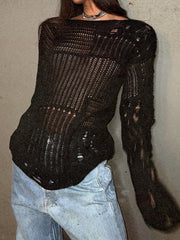 Vintage Distressed Holes Women's Sweater Casual Grunge Loose Long Pullovers